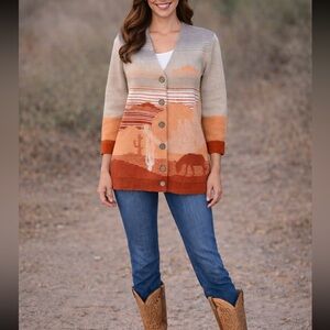 Coldwater Creek Mesa Mirage Cardigan Sweater L Desert Cactus Horse Scene Western